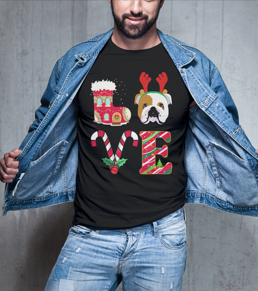 Love My English Bulldog Christmas Holiday Antlers Candy Cane T-Shirt