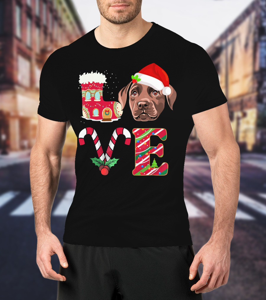 I Love My Chocolate Labrador Christmas Theme With Santa Hat And Candy Cane Decorations T-Shirt