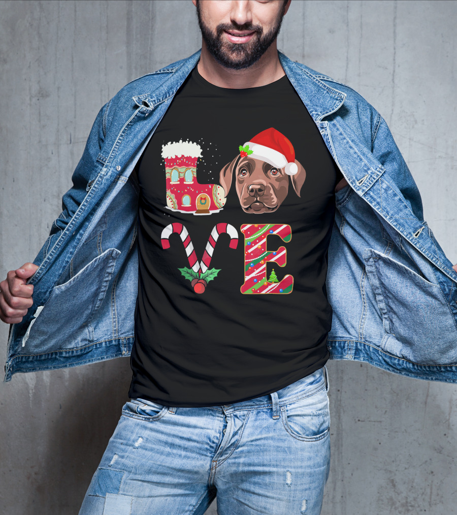 I Love My Chocolate Labrador Christmas Theme With Santa Hat And Candy Cane Decorations T-Shirt