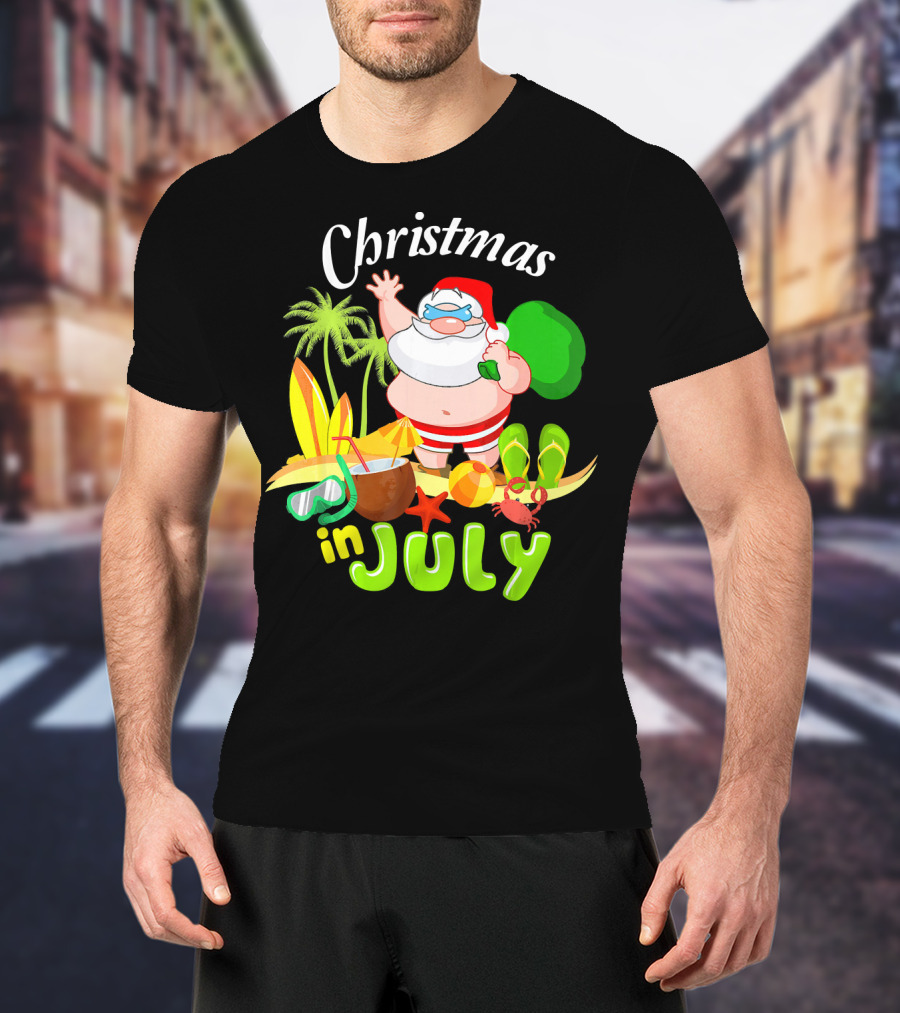 Christmas In July Santa With Surfboards, Palm Trees, Tropical Drinks, And Beach Accessories T-Shirt