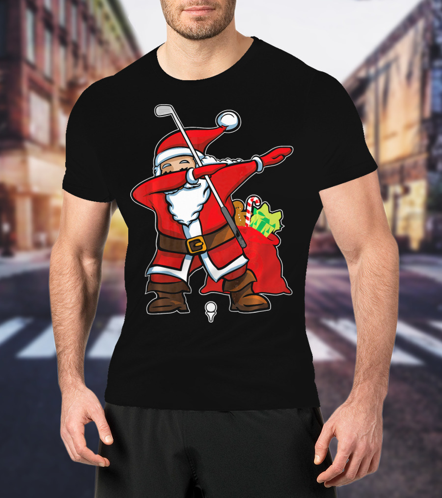 Christmas Dabbing Golf Santa With Gift Bag And Candy Cane T-Shirt