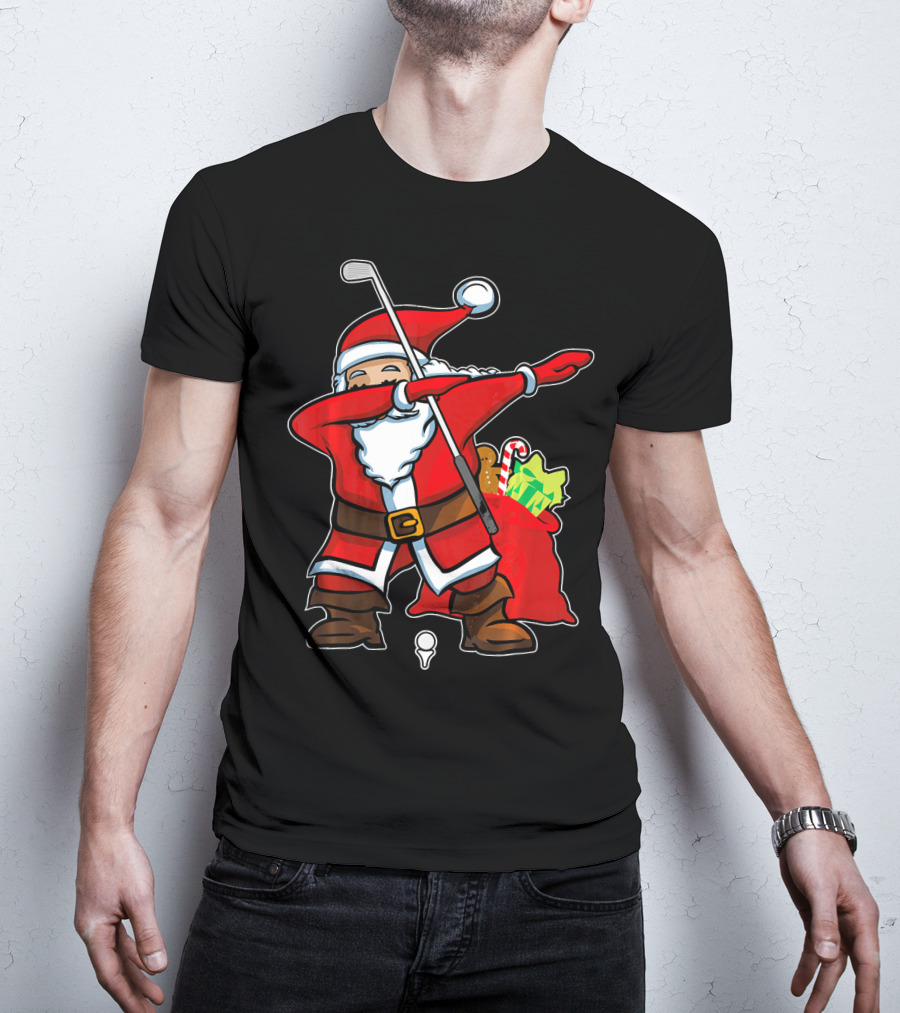 Christmas Dabbing Golf Santa With Gift Bag And Candy Cane T-Shirt
