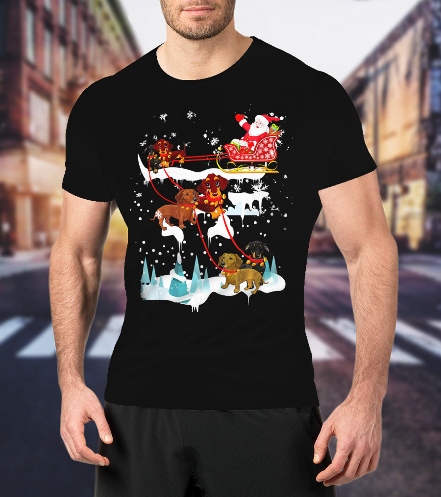 Santa Sleigh With Dachshund Reindeer Christmas Scene T-Shirt