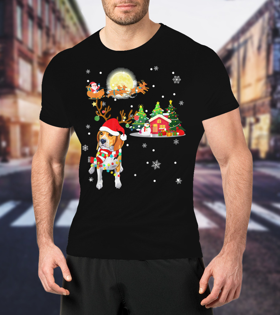 Beagle Christmas Santa Sleigh Trees Snowman Holiday Scene T-Shirt