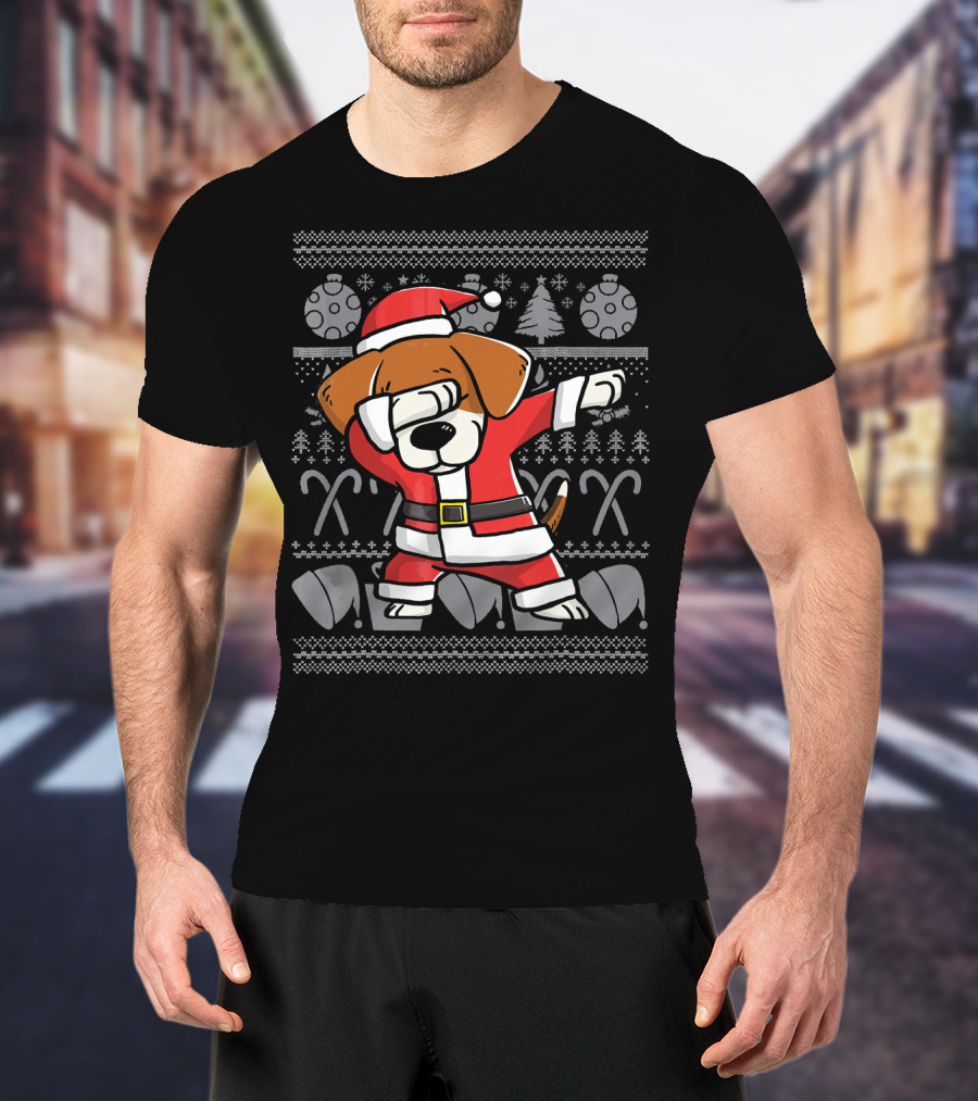 Dabbing Beagle Dog In Santa Claus Costume Christmas T-Shirt