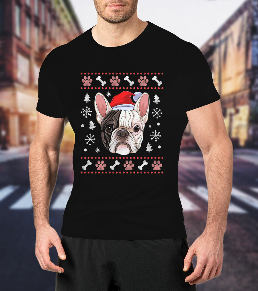 French Bulldog Christmas Santa Hat Snowflake Paw Bones T-Shirt