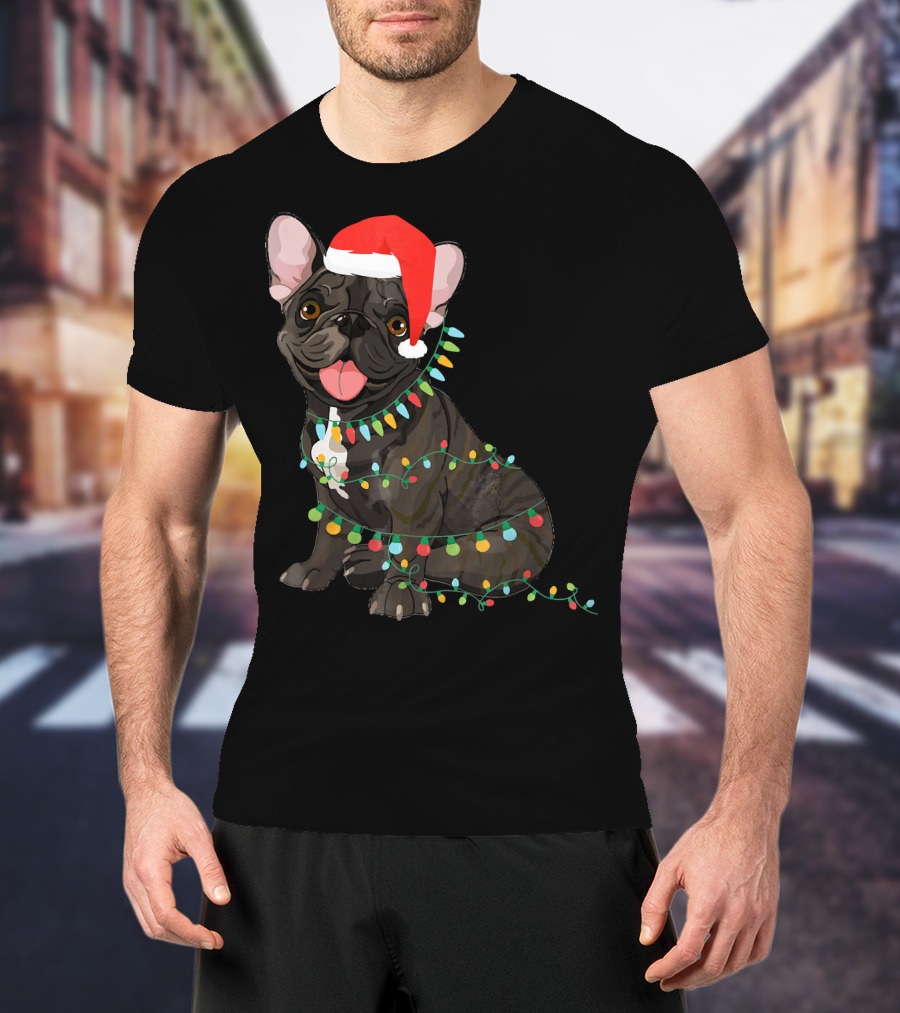 Santa French Bulldog Tangled In Christmas Lights T-Shirt