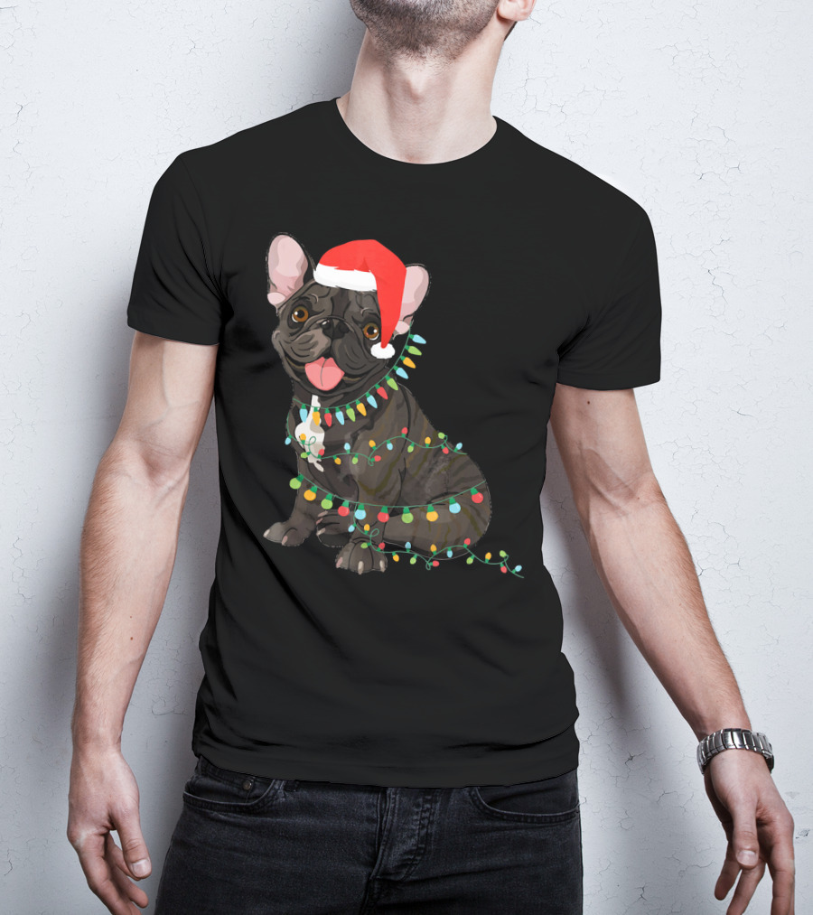 Santa French Bulldog Tangled In Christmas Lights T-Shirt