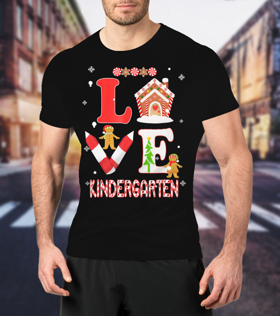 Love Kindergarten Teacher Gingerbread Candy Cane Christmas T-Shirt