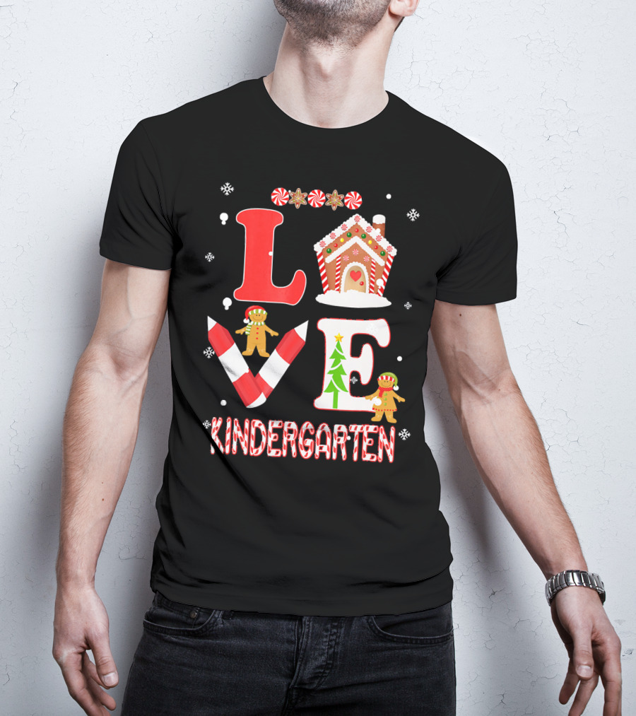 Love Kindergarten Teacher Gingerbread Candy Cane Christmas T-Shirt