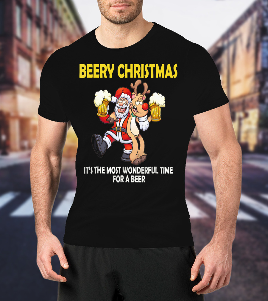 Beery Christmas It's The Most Wonderful Time For A Beer Santa And Reindeer Cheers T-Shirt