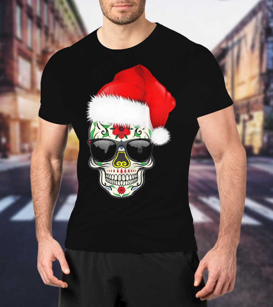 Christmas Santa Hat Day Of The Dead Sugar Skull Suga T-Shirt