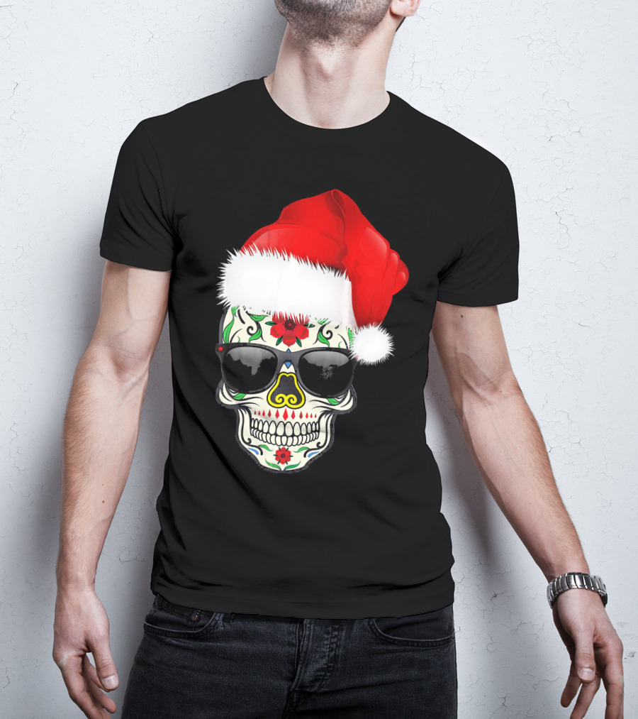 Christmas Santa Hat Day Of The Dead Sugar Skull Suga T-Shirt