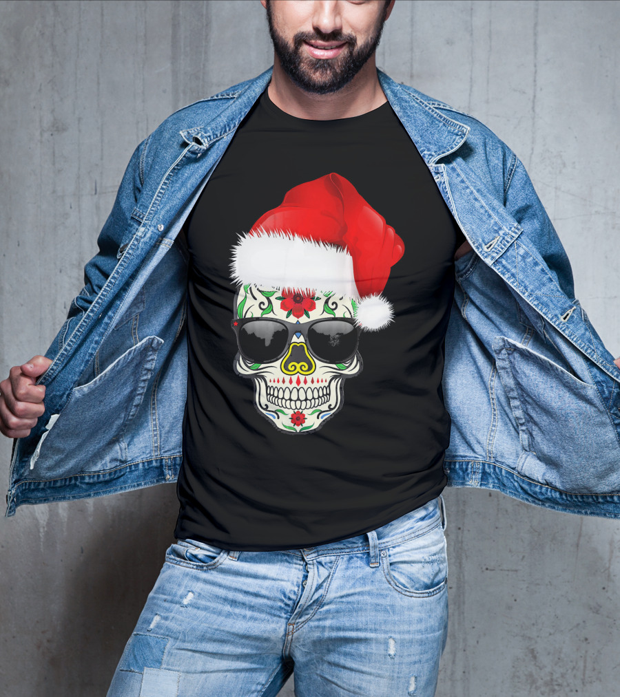 Christmas Santa Hat Day Of The Dead Sugar Skull Suga T-Shirt