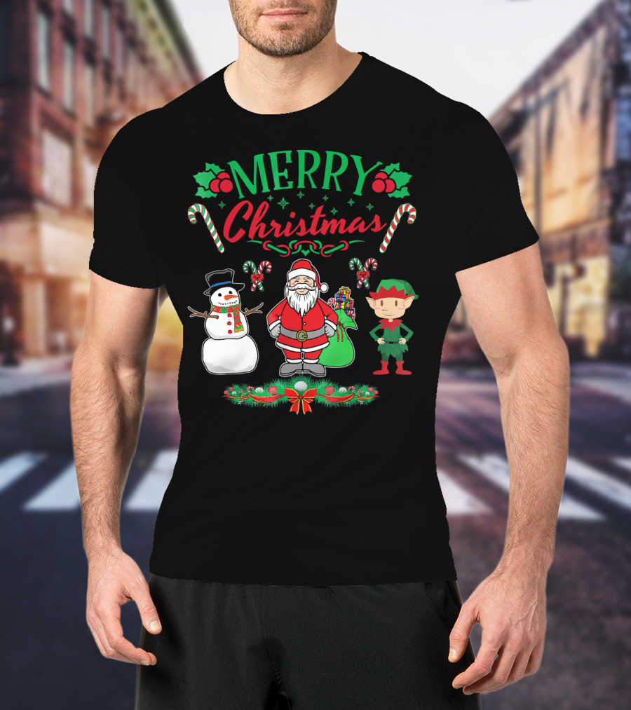 Merry Christmas Santa And Snowman With Elf And Candy Canes T-Shirt