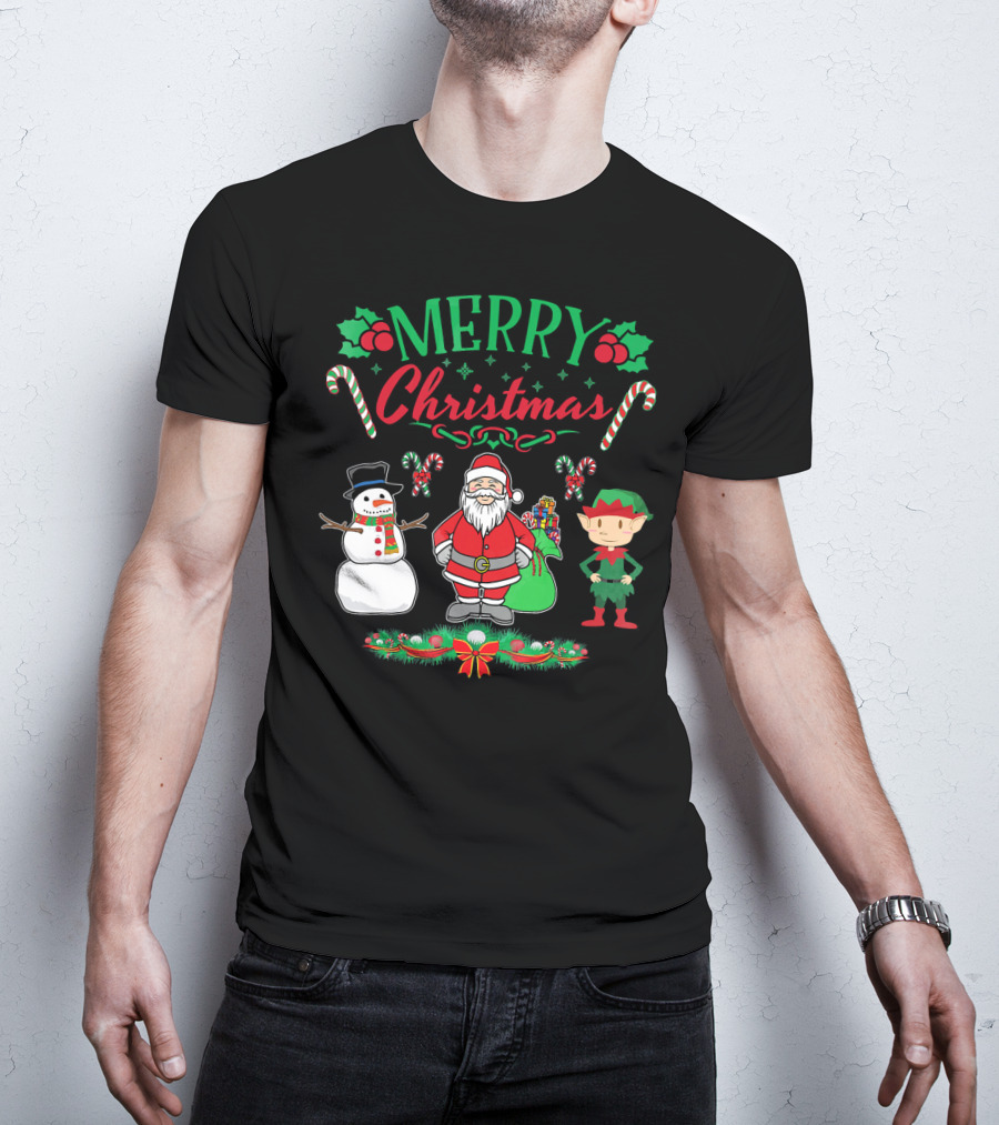 Merry Christmas Santa And Snowman With Elf And Candy Canes T-Shirt