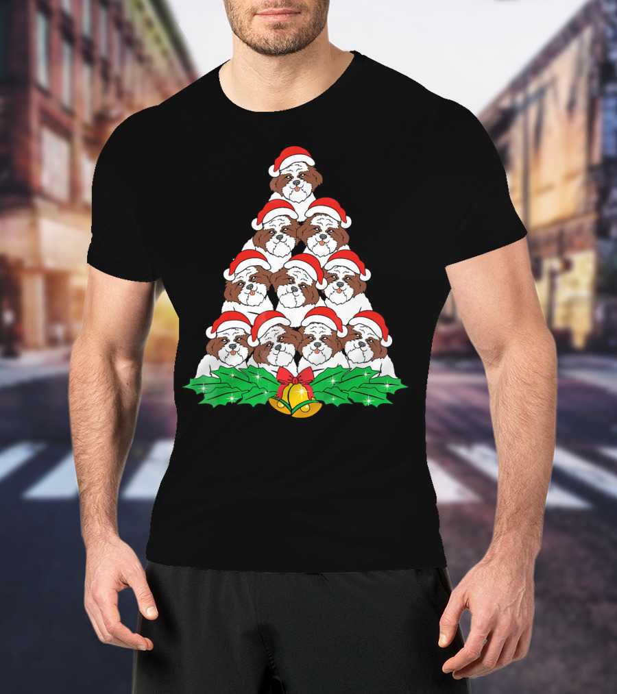 Shih Tzu Christmas Tree Dog Santa Hat Bells Holly Xmas Lover T-Shirt