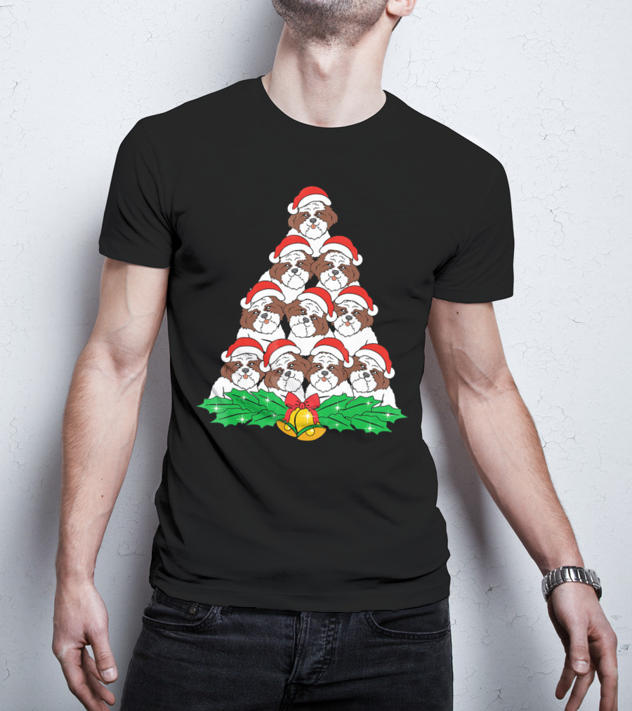 Shih Tzu Christmas Tree Dog Santa Hat Bells Holly Xmas Lover T-Shirt