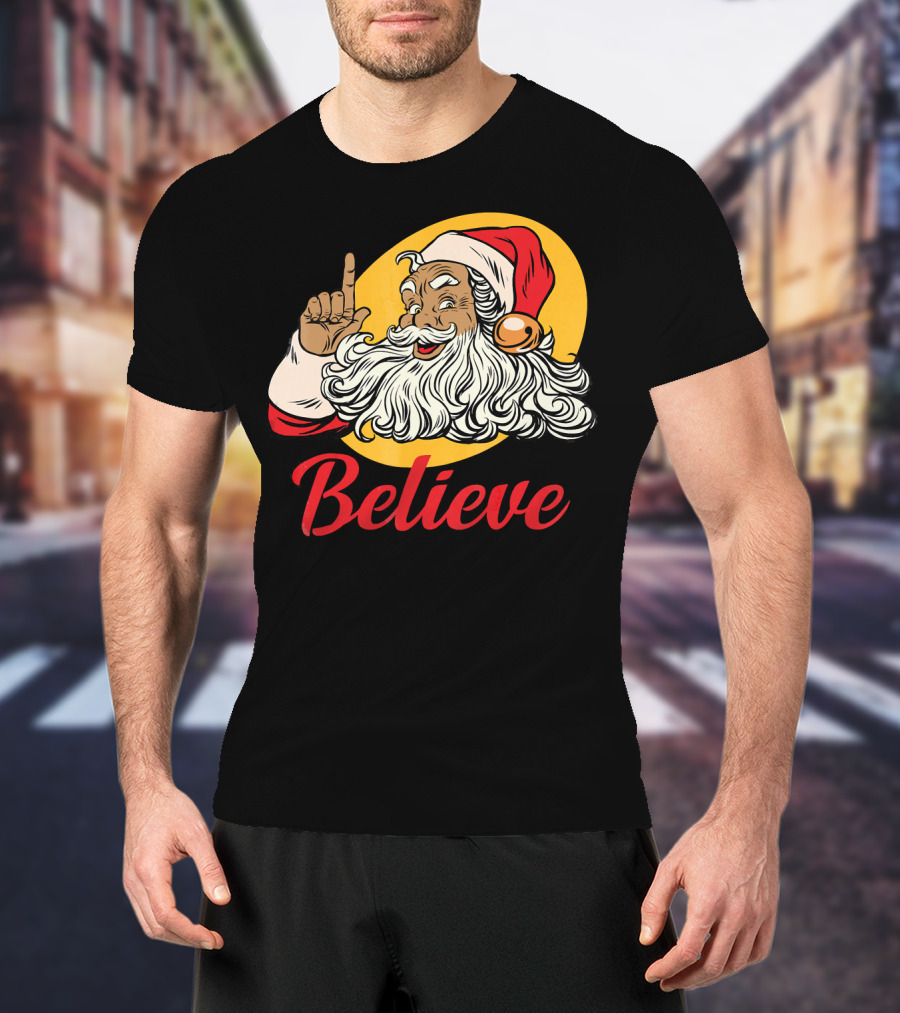 Black Santa Claus With Believe Caption And Yellow Background T-Shirt