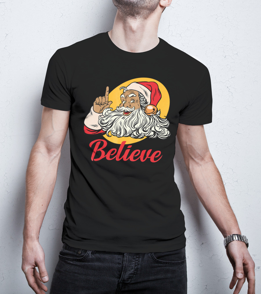 Black Santa Claus With Believe Caption And Yellow Background T-Shirt