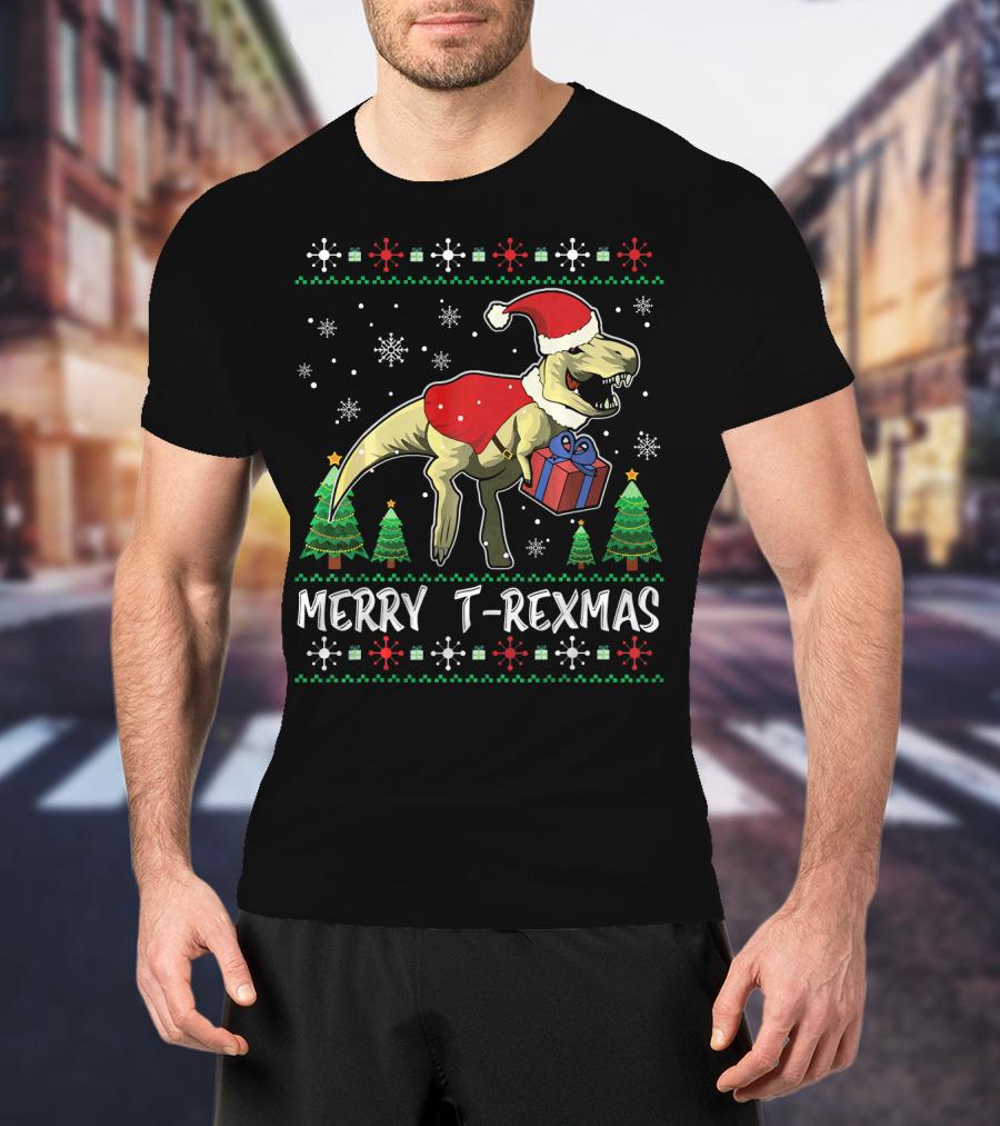 Merry T-Rexmas Dinosaur Santa Claus Holiday Snowflakes Trees T-Shirt