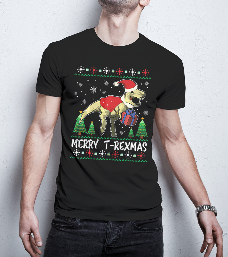 Merry T-Rexmas Dinosaur Santa Claus Holiday Snowflakes Trees T-Shirt