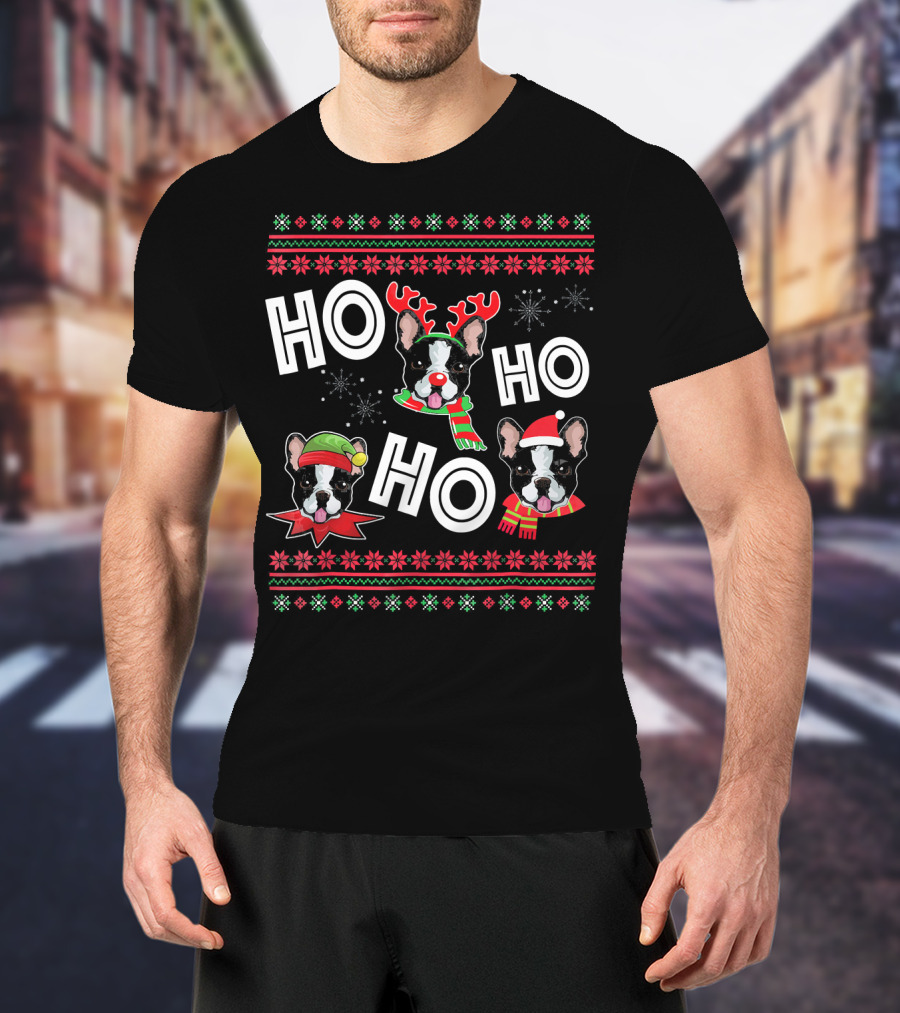 HO HO HO Boston Terrier Funny Do Christmas Reindeer Santa Hat Scarf Snowflakes T-Shirt