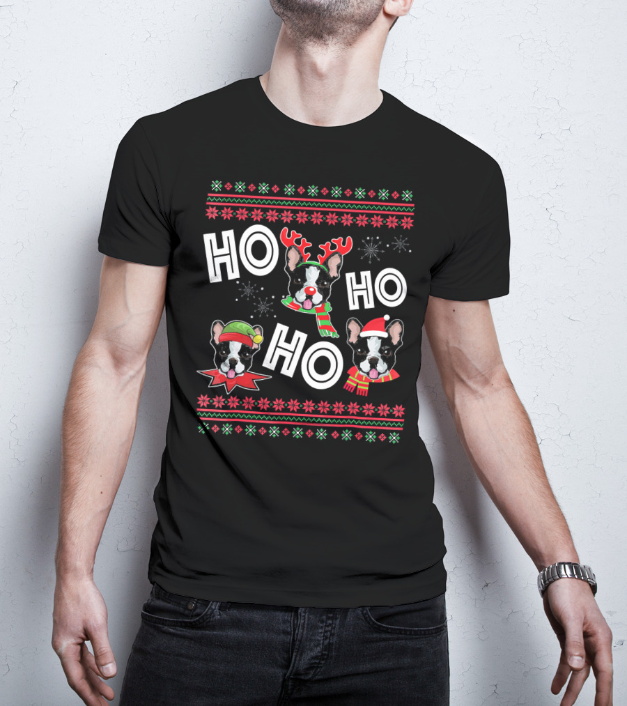 HO HO HO Boston Terrier Funny Do Christmas Reindeer Santa Hat Scarf Snowflakes T-Shirt