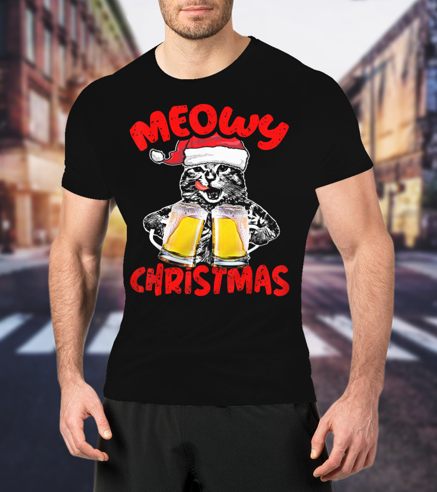 Meowy Christmas Funny Meow Drinking Beer Cat T-Shirt