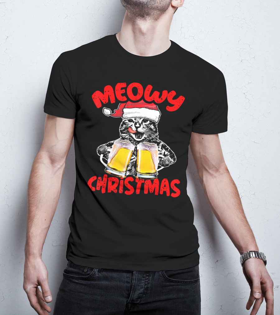 Meowy Christmas Funny Meow Drinking Beer Cat T-Shirt