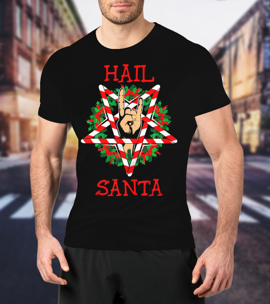Hail Santa Sleigher Pentagram With Candy Cane And Rock Hand Gesture T-Shirt