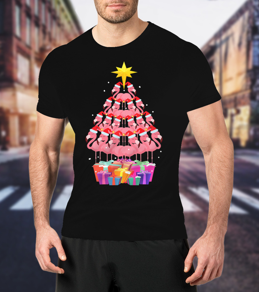 Flamingo Santa Hat Christmas Tree With Gifts And Star T-Shirt
