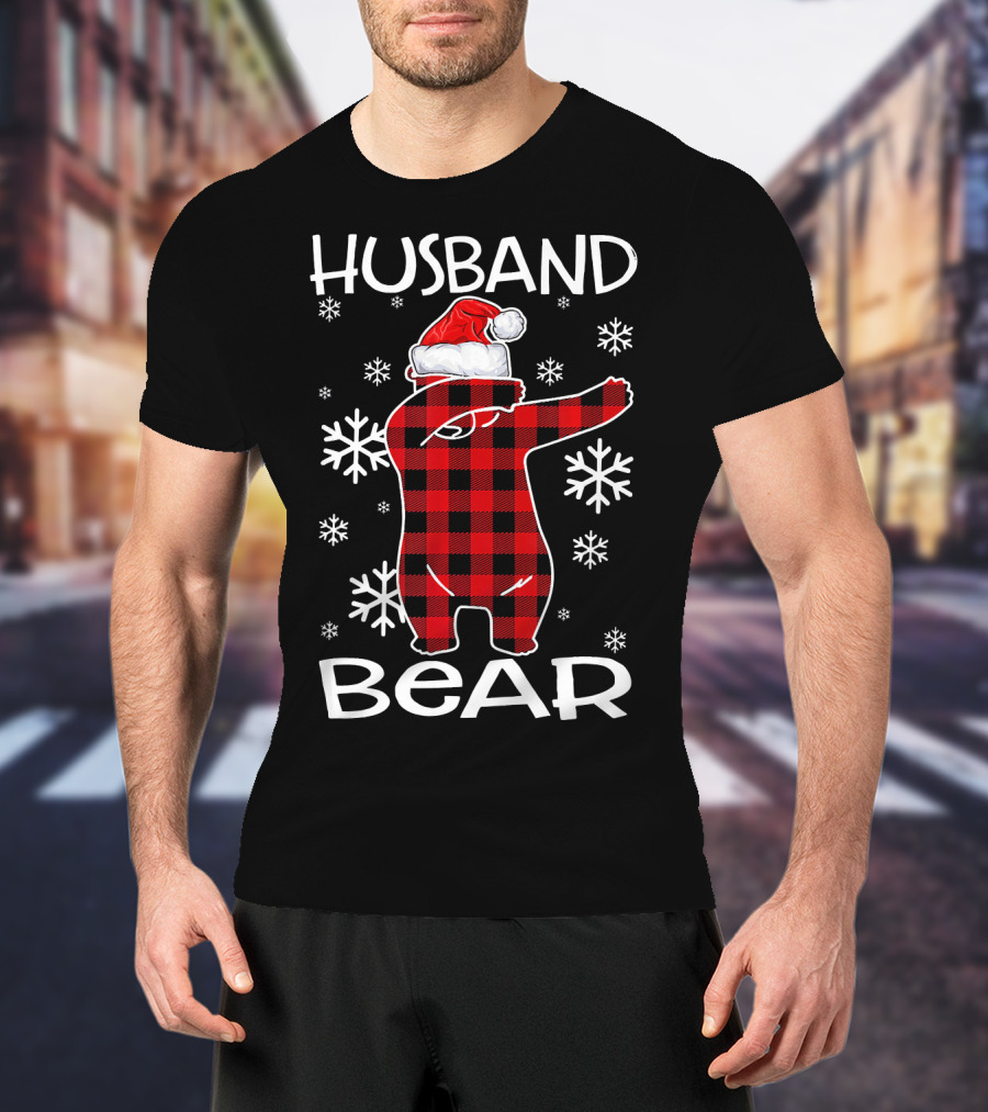 Husband Bear Dabbing Santa Hat Snowflakes T-Shirt