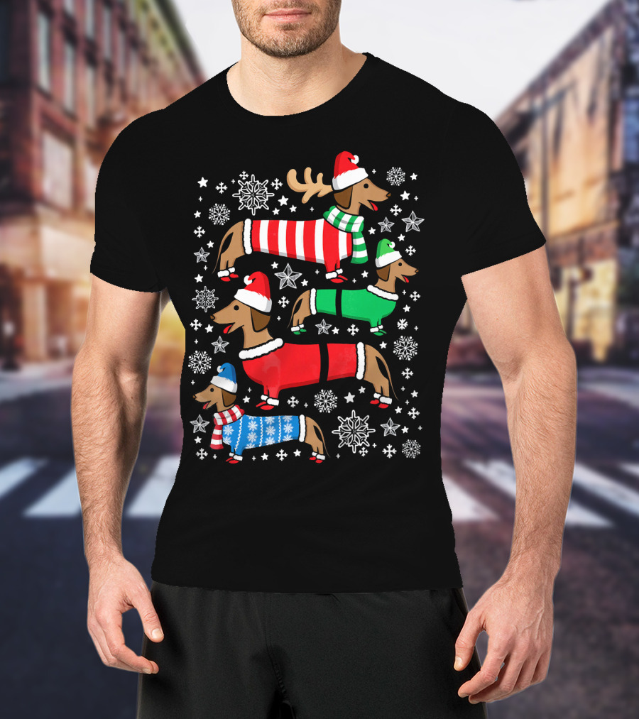 Dachshund Merry Christmas Weiner Ugly Sweater Santa Reindeer Snowflakes T-Shirt