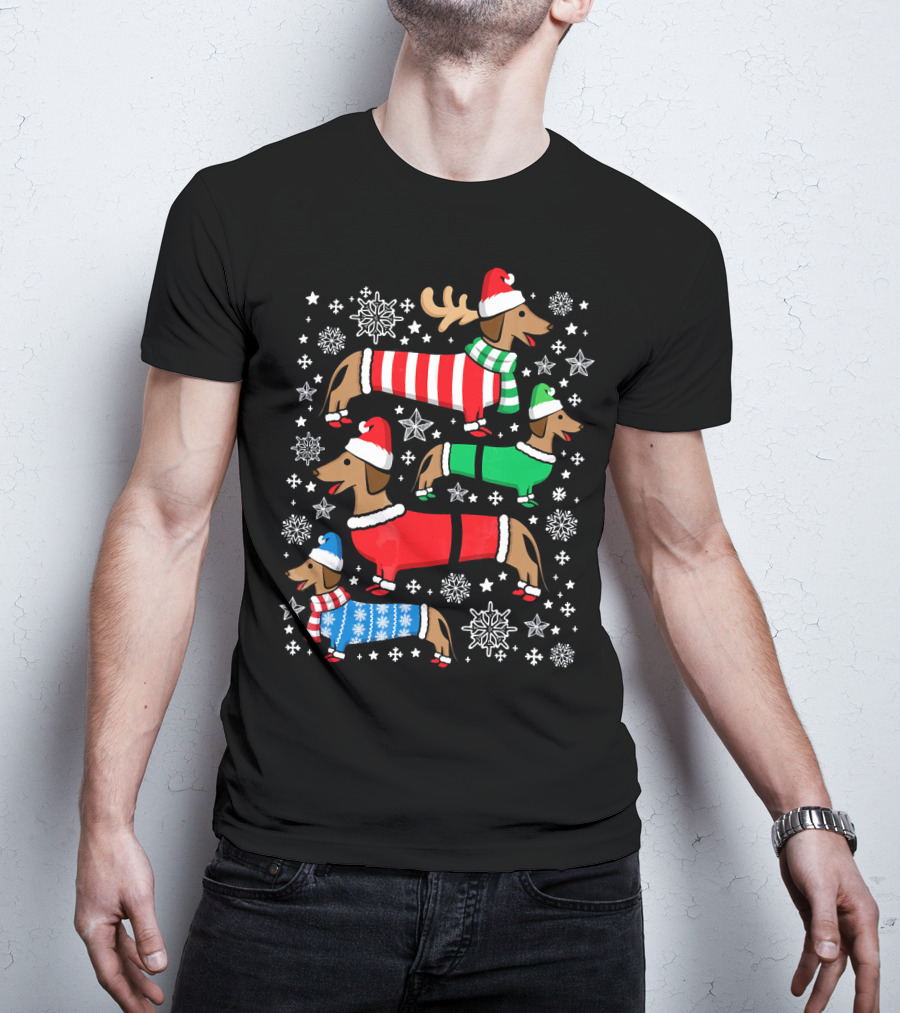 Dachshund Merry Christmas Weiner Ugly Sweater Santa Reindeer Snowflakes T-Shirt