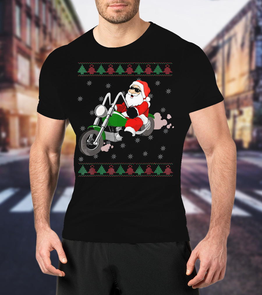 Funny Santa Claus Riding Motorcycle Christmas T-Shirt