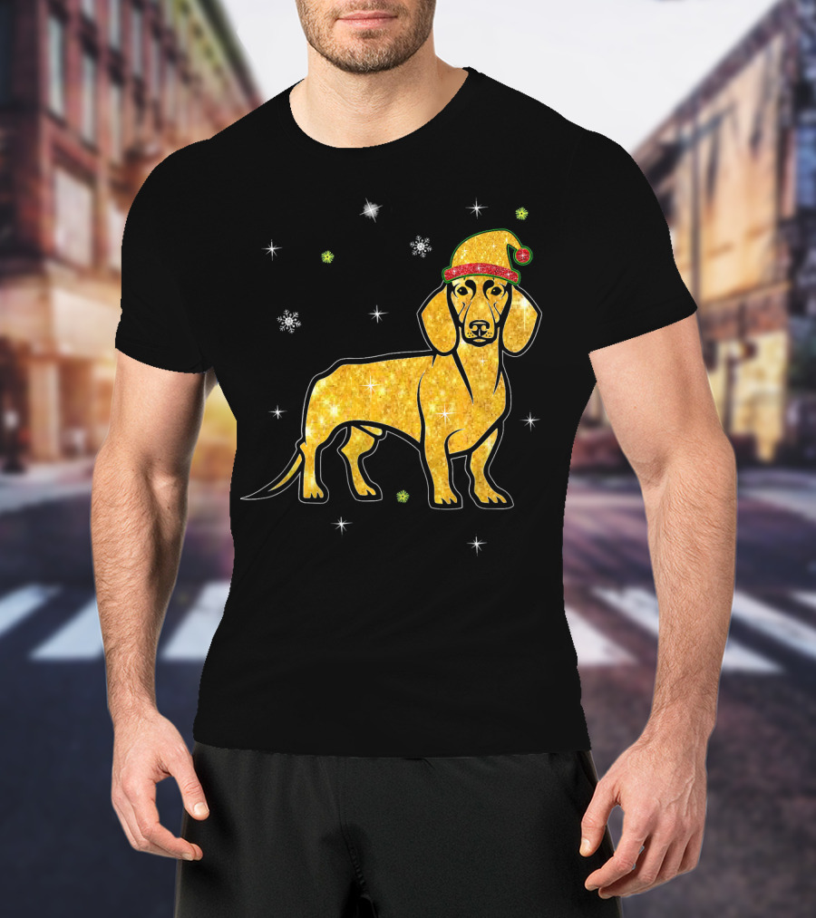 Christmas Lights Glitter Dachshund Dog With Santa Hat And Snowflakes T-Shirt