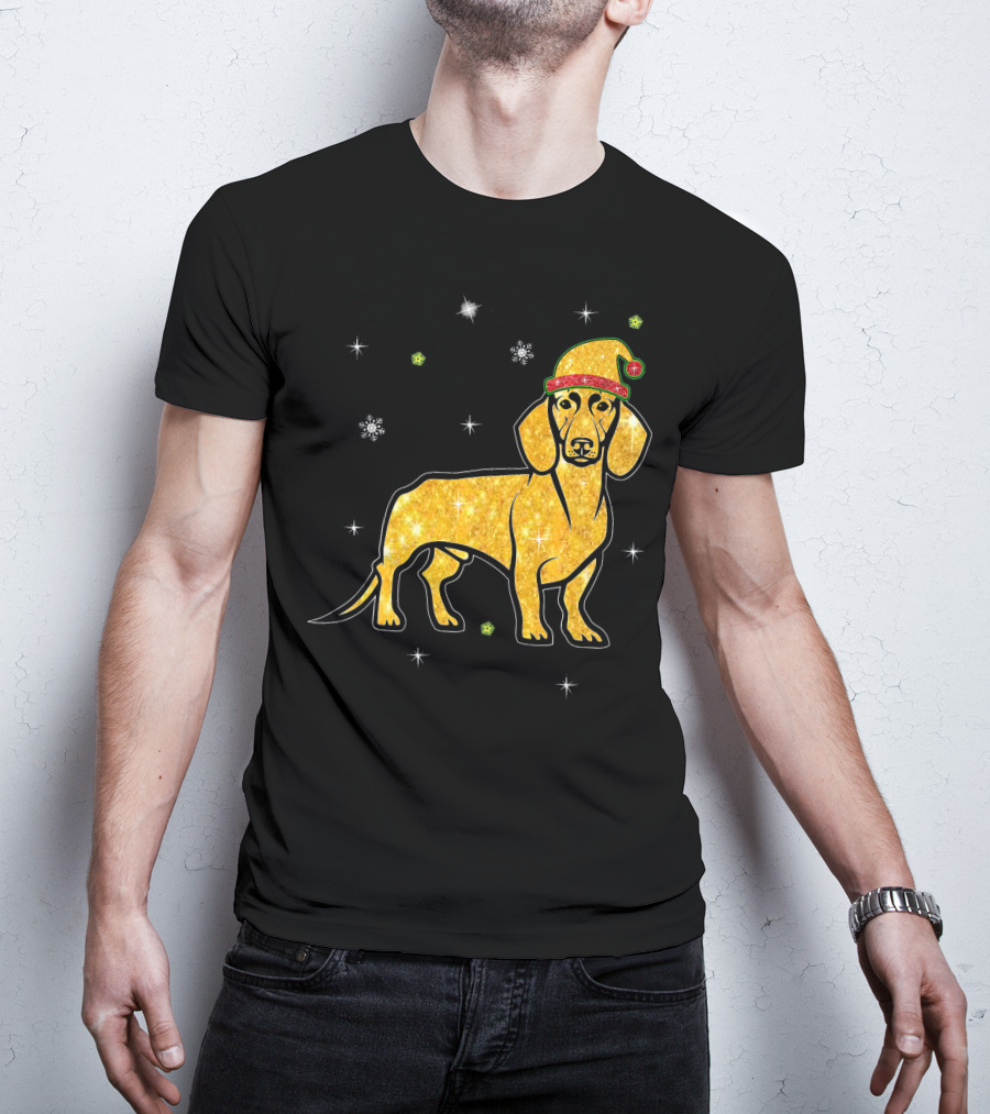 Christmas Lights Glitter Dachshund Dog With Santa Hat And Snowflakes T-Shirt