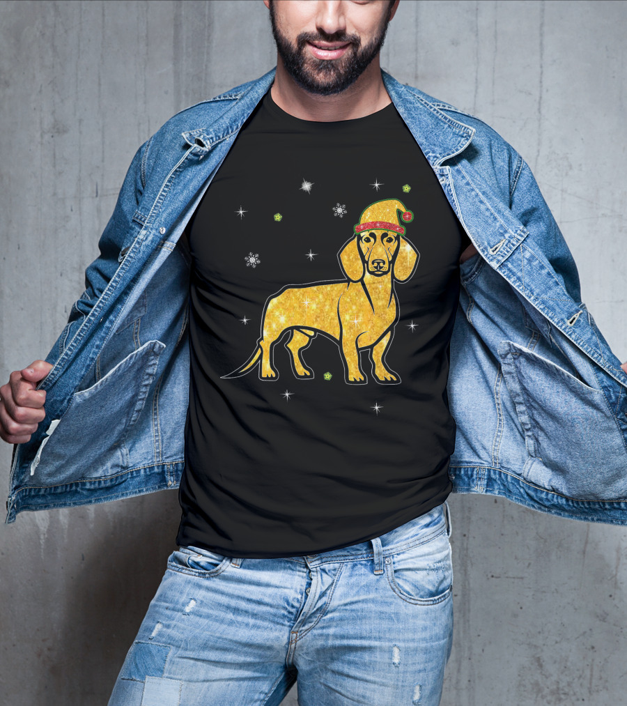 Christmas Lights Glitter Dachshund Dog With Santa Hat And Snowflakes T-Shirt