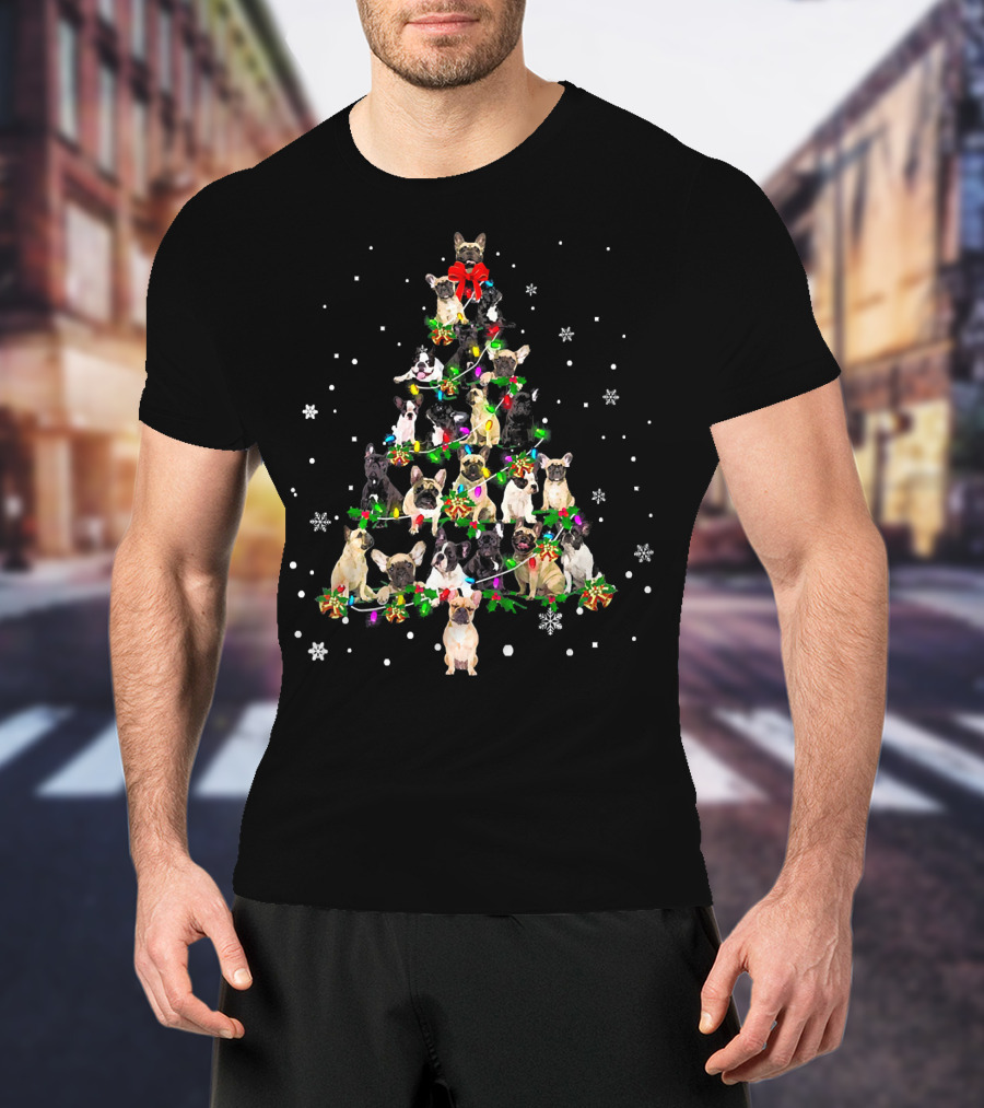 Cute Frenchies Dog Christmas Tree Snowflakes Bright Decorations T-Shirt