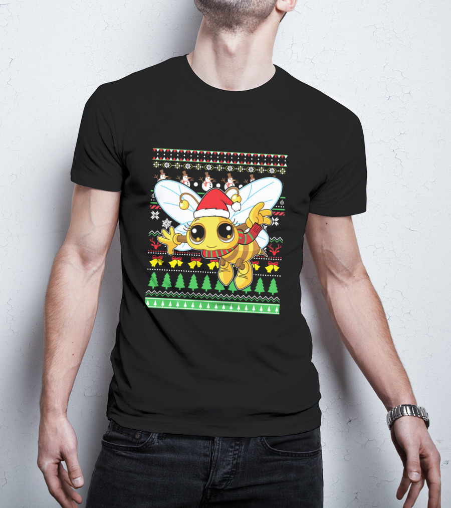 UglyBee Santa Claus Lovely Christmas Sweater Pattern With Cartoon Bee T-Shirt
