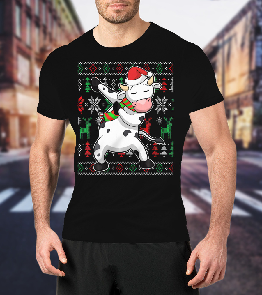 Ugly Christmas Dabbing Santa Cow With Festive Reindeer And Snowflakes T-Shirt