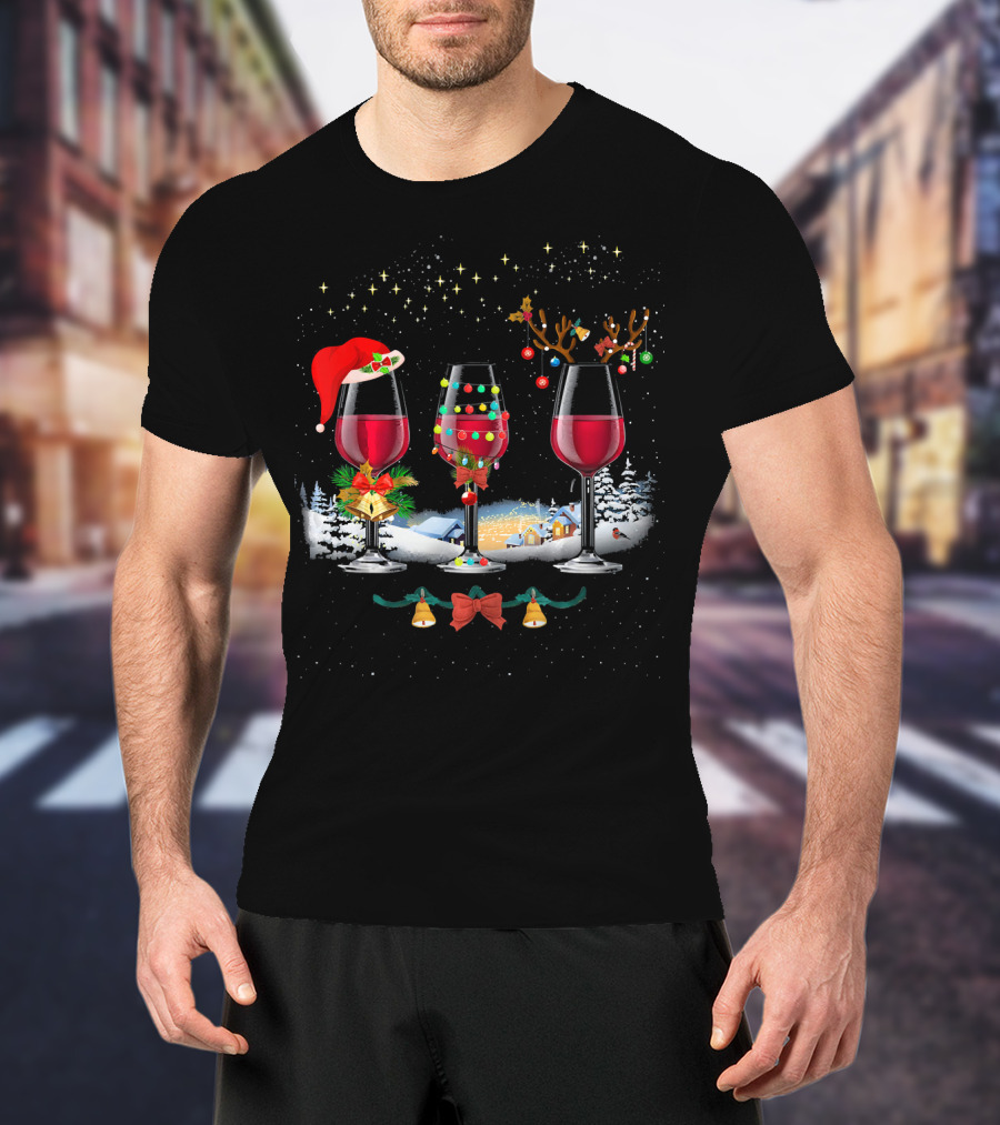 Three Christmas Red Wine Glasses Santa Hat Reindeer Lights Snowy Village T-Shirt