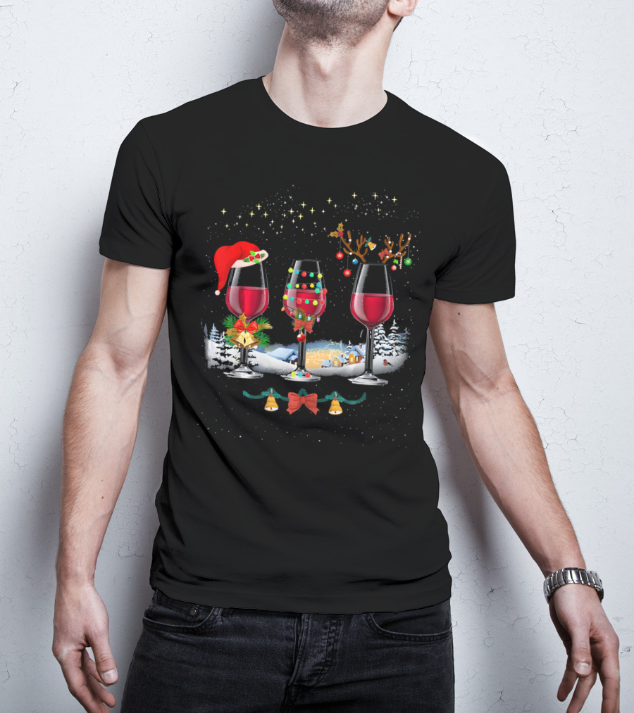 Three Christmas Red Wine Glasses Santa Hat Reindeer Lights Snowy Village T-Shirt