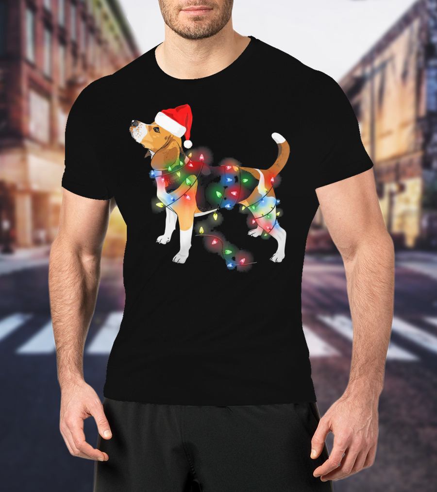 Beagle With Christmas Lights And Santa Hat T-Shirt
