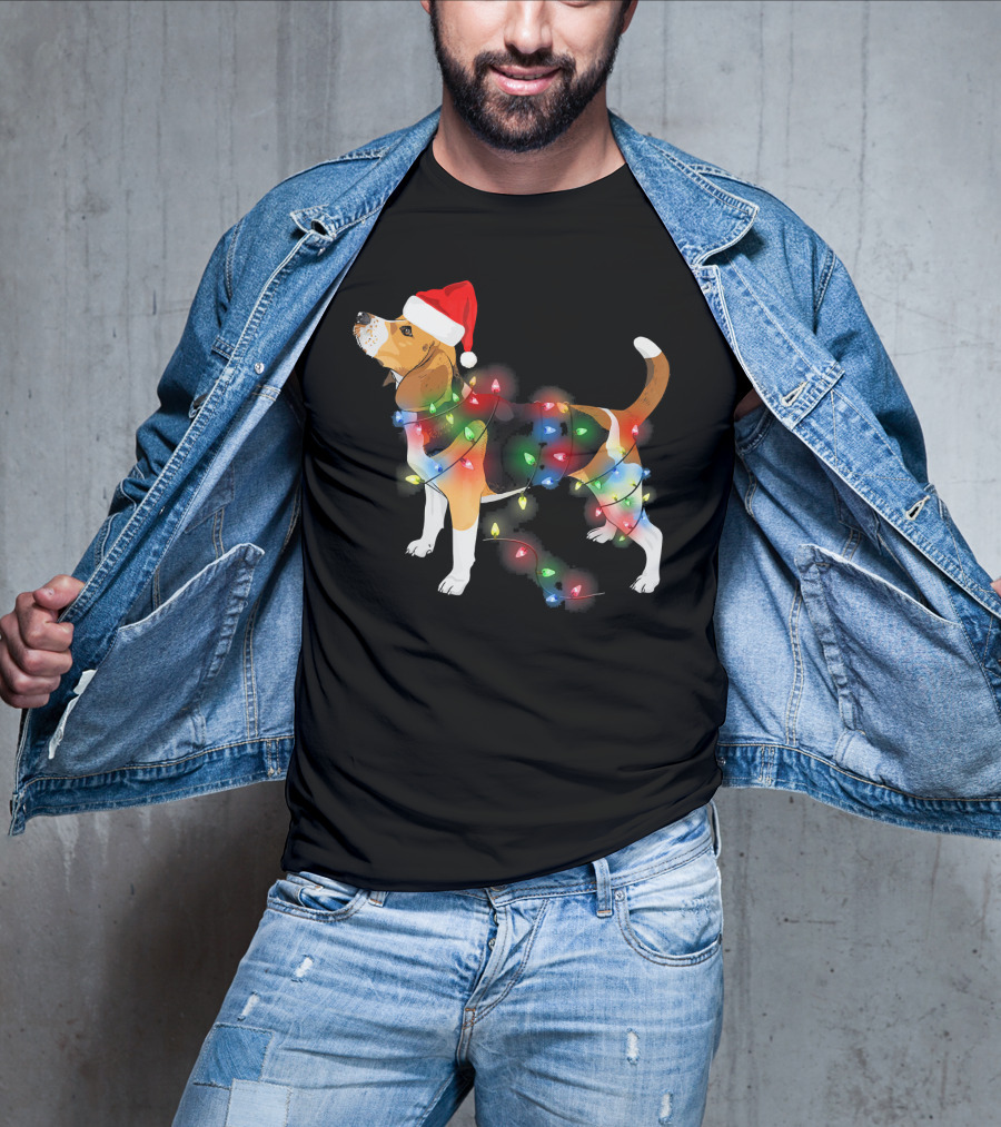 Beagle With Christmas Lights And Santa Hat T-Shirt