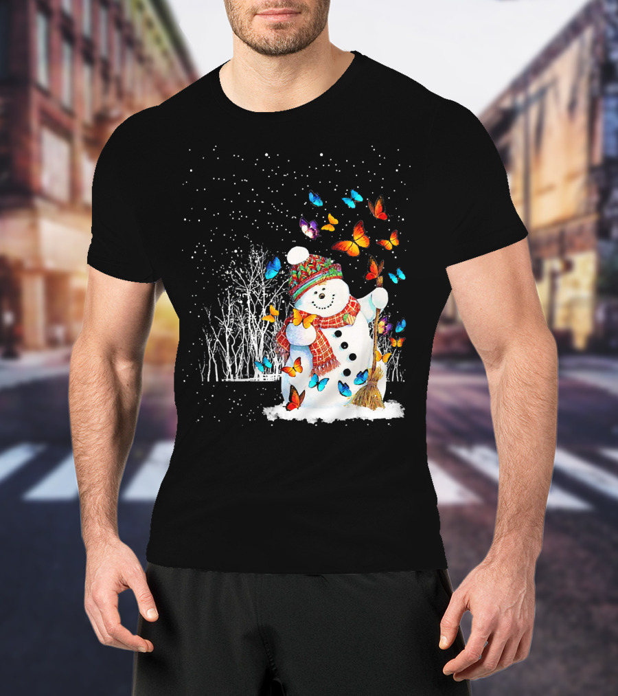 Snowman With Butterflies In A Snowy Forest T-Shirt