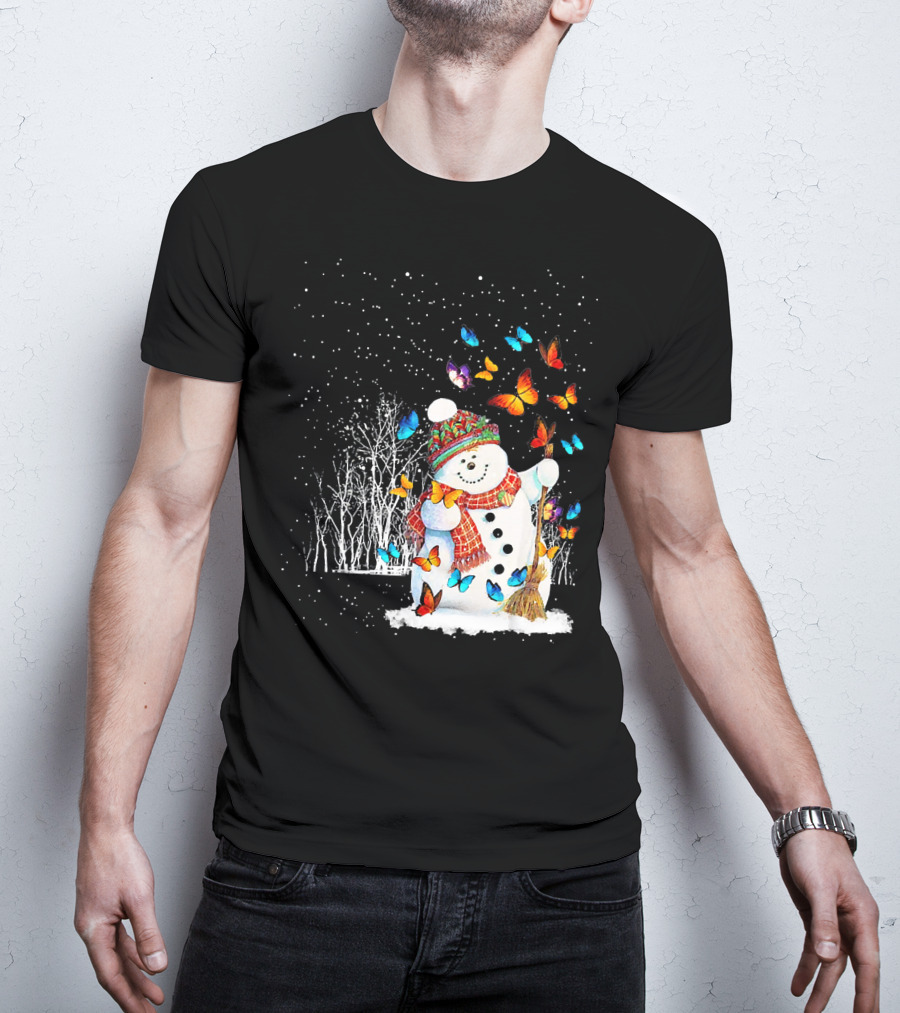 Snowman With Butterflies In A Snowy Forest T-Shirt