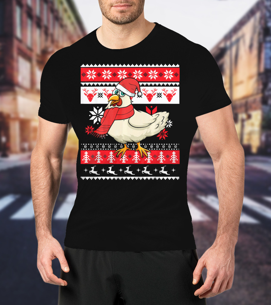 Ugly Christmas Chicken Santa Hat Snowflakes Reindeer Red Scarf T-Shirt