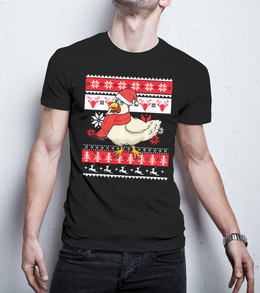 Ugly Christmas Chicken Santa Hat Snowflakes Reindeer Red Scarf T-Shirt